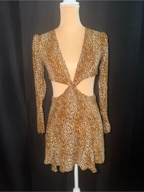 Reformation Leopard-Print Long Sleeve Cutout Mini Dress - Brown/Tan